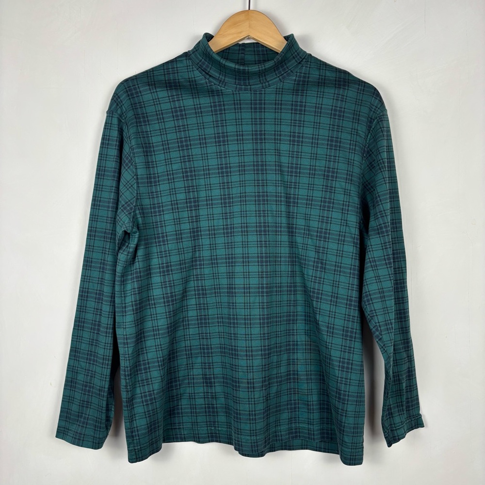 Vintage Women’s Land’s End Green Plaid Turtleneck Shirt Cotton Preppy Holiday